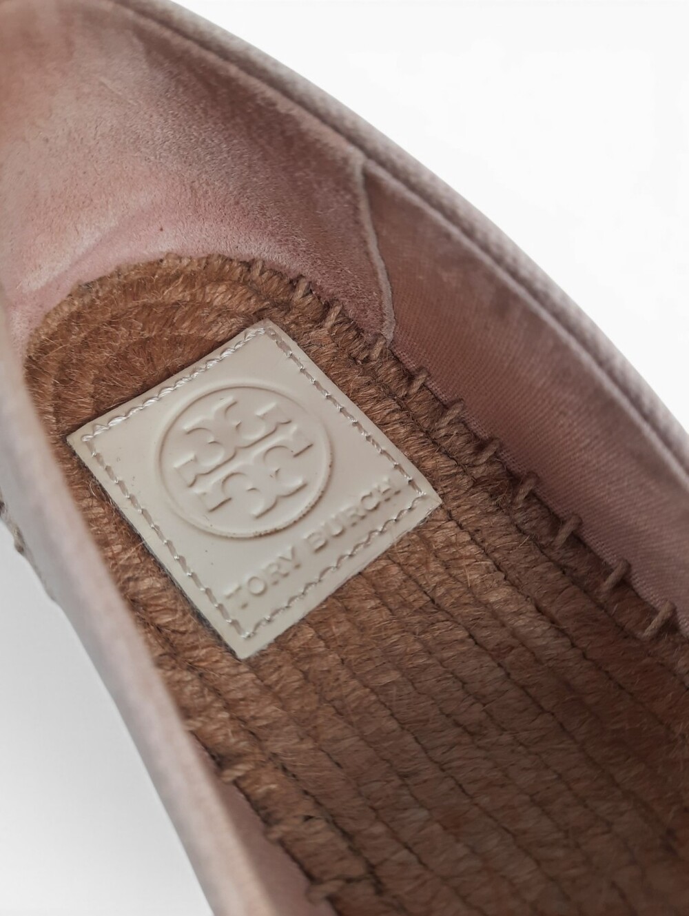 TORY BURCH Jute Espadrille Poppy Leather Canvas Cap Toe Pale Pink Ivory Logo 8 - Picture 8 of 11